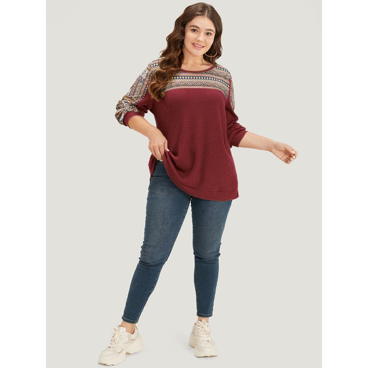 Plus Size Boho Print Patchwork Waffle Knit Crew Neck Sweatshirt Women Burgundy Casual Elastic cuffs Round Neck Dailywear Sweatshirts BloomChic 14-16/1X Product Image