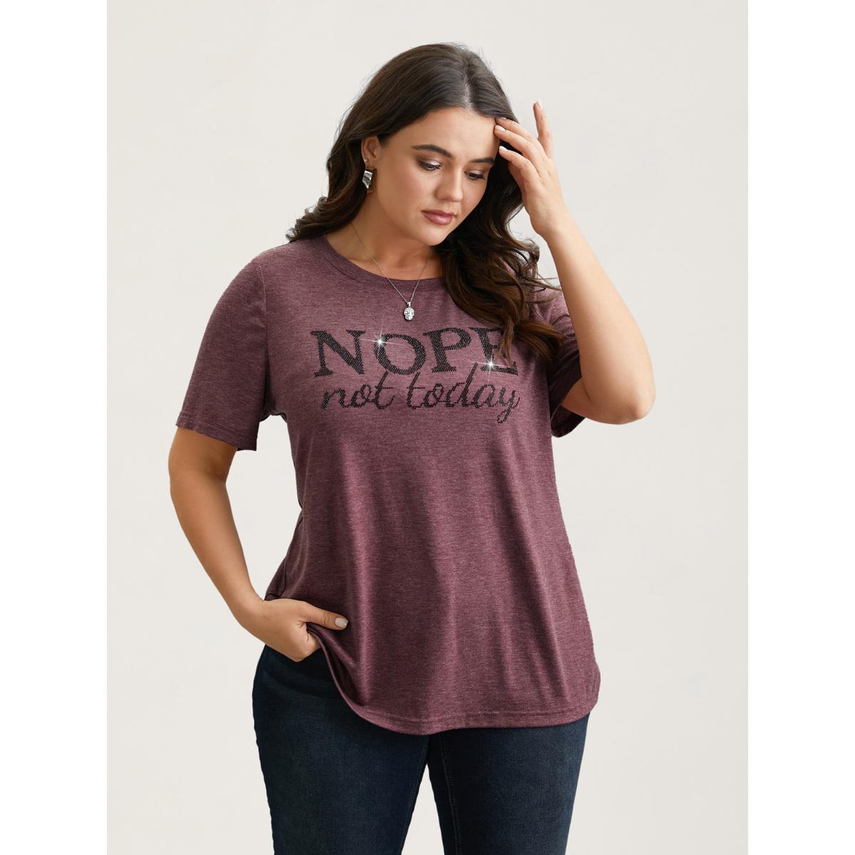 Plus Size Nope Not Today Print Rhinestone Round Neck T-Shirt Deepred Women Casual Rhinestone detailing Round Neck Everyday T-shirts BloomChic 26/4X Product Image