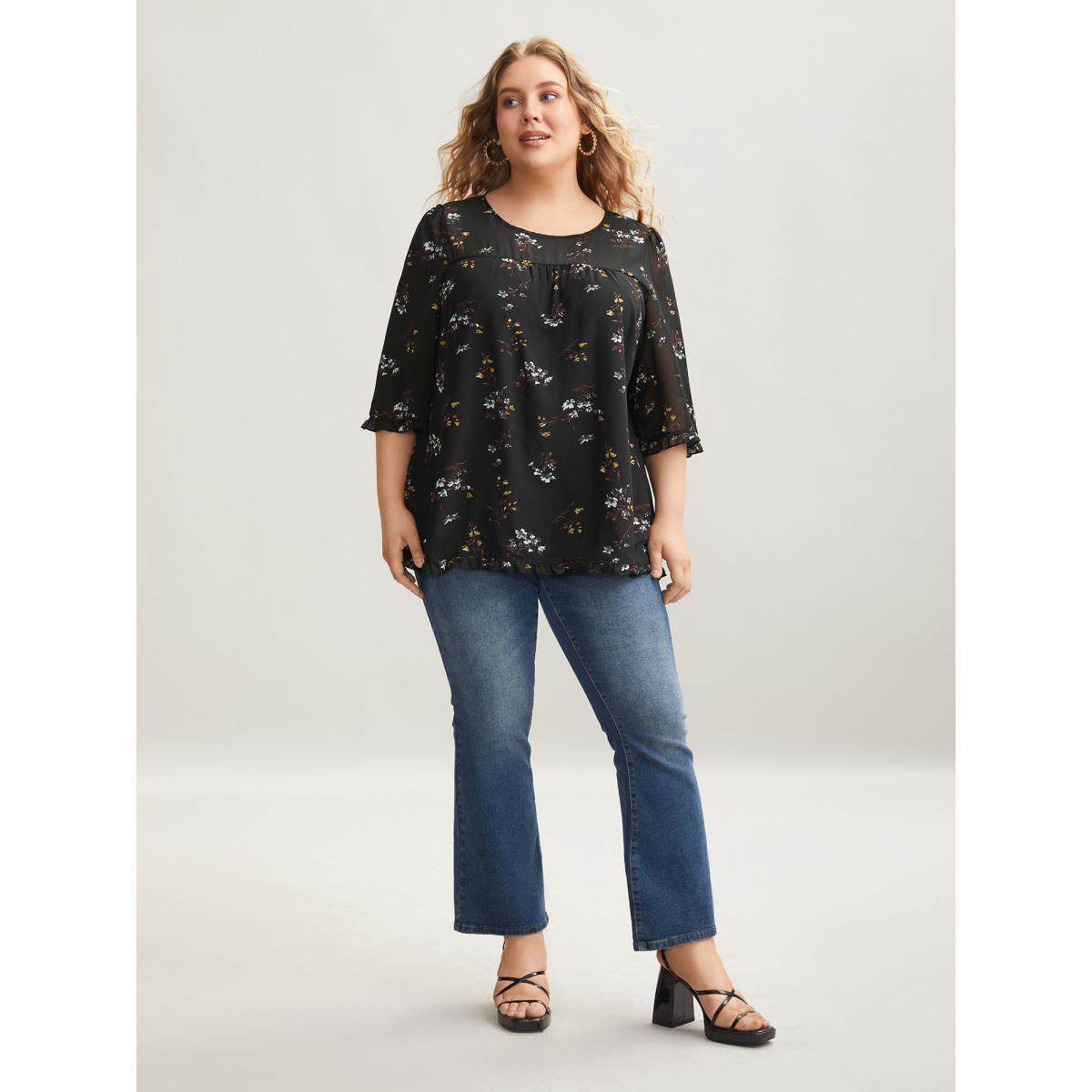 Plus Size Black Floral Print Sheer Ruffled Trim Sleeve Shirt Women Elegant Elbow-length sleeve Round Neck Everyday Blouses BloomChic 26/4X Product Image