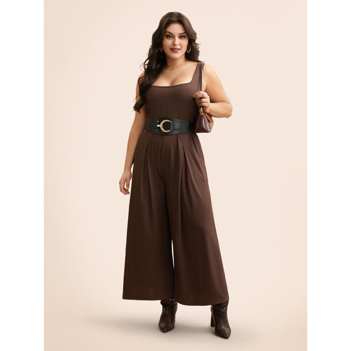 Plus Size Browncoffeecolor Rib Knit Plicated Detail Jumpsuit Women Elegant Sleeveless Square Neck Everyday Loose Jumpsuits BloomChic 26/4X Product Image
