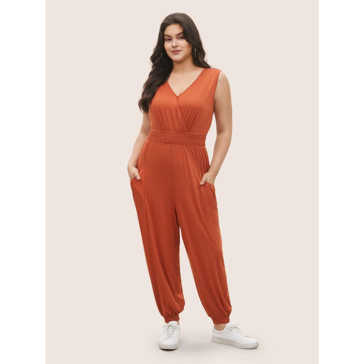 Plus Size OrangeRed Supersoft Essentials Wrap Patched Pocket Tank Jumpsuit Women Casual Sleeveless Overlap Collar Everyday Loose Jumpsuits BloomChic 14-16/1X Product Image
