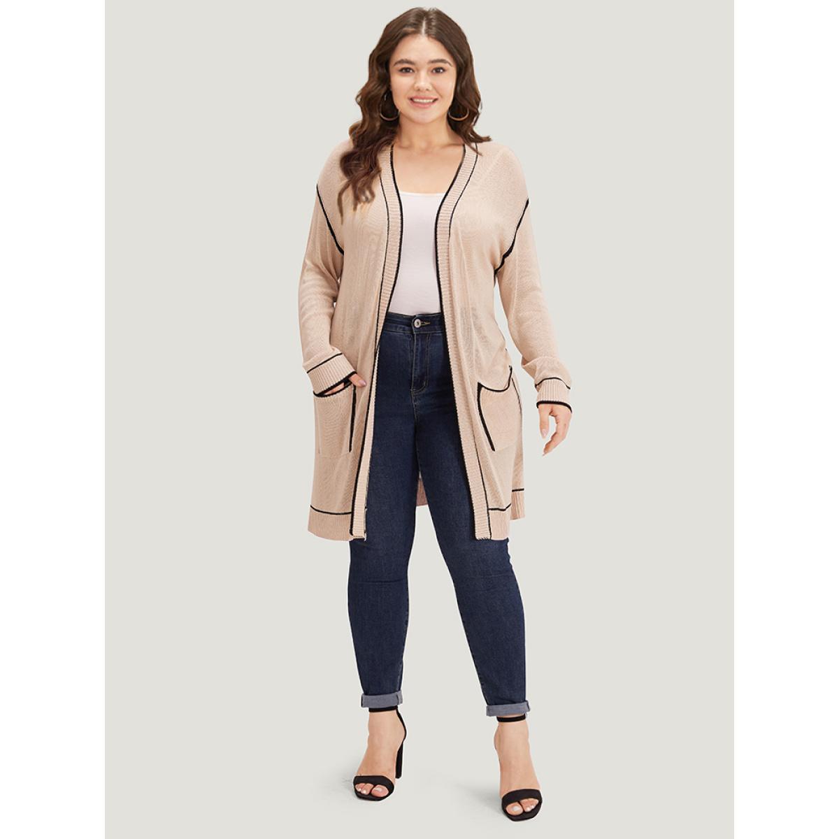 Plus Size Contrast Trim Patched Pocket Drop Shoulder Cardigan Champagne Women Casual Loose Long Sleeve Everyday Cardigans BloomChic 26/4X Product Image