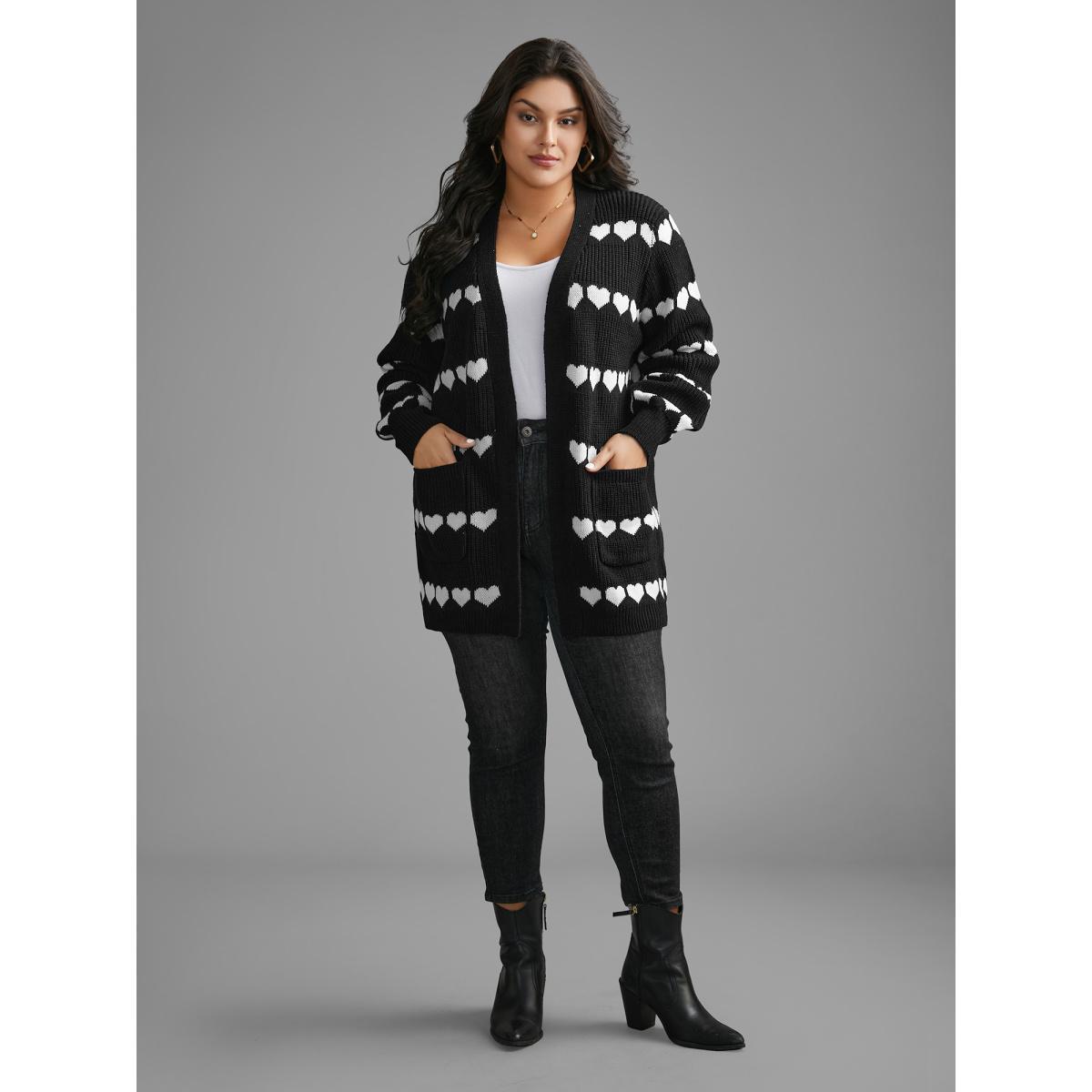 Plus Size Heart Pattern Jacquard Patch Pocket Cardigan Black Women Casual Loose Long Sleeve Everyday Cardigans BloomChic 30/6X Product Image