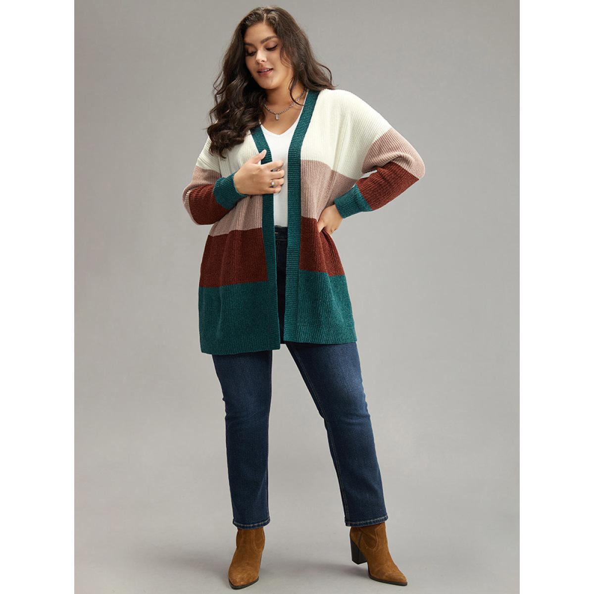 Plus Size Colorblock Contrast Open Front Cardigan Multicolor Women Casual Loose Long Sleeve Festival-Christmas Cardigans BloomChic 30/6X Product Image