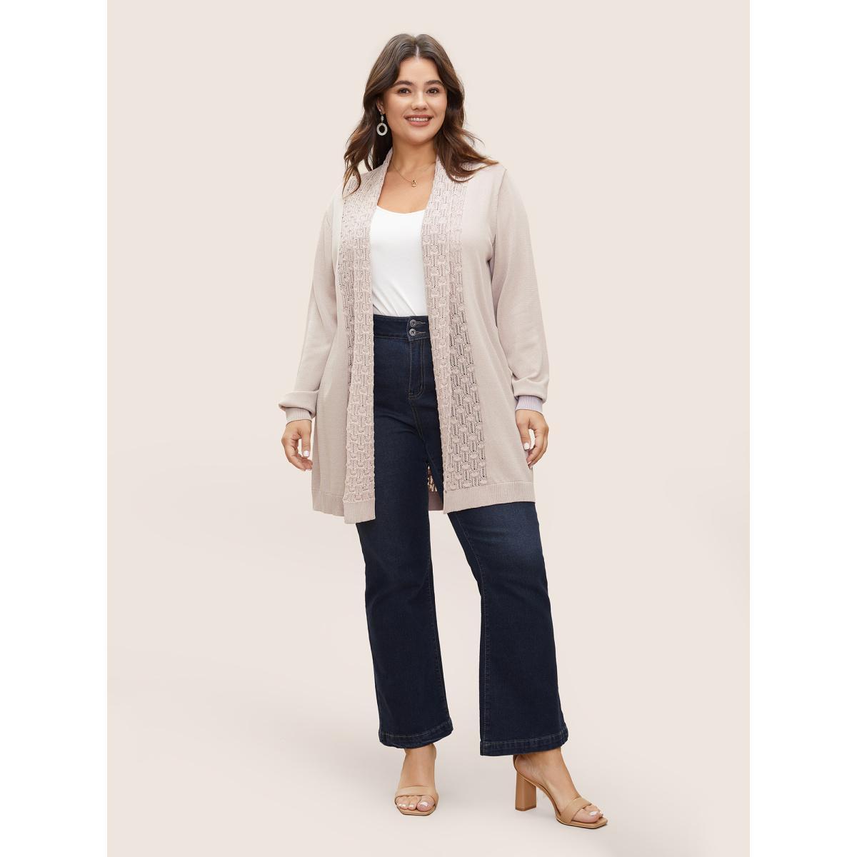 Plus Size Plain Lapel Collar Pointelle Knit Backless Cardigan Apricot Women Casual Long Sleeve Everyday Cardigans BloomChic 30/6X Product Image