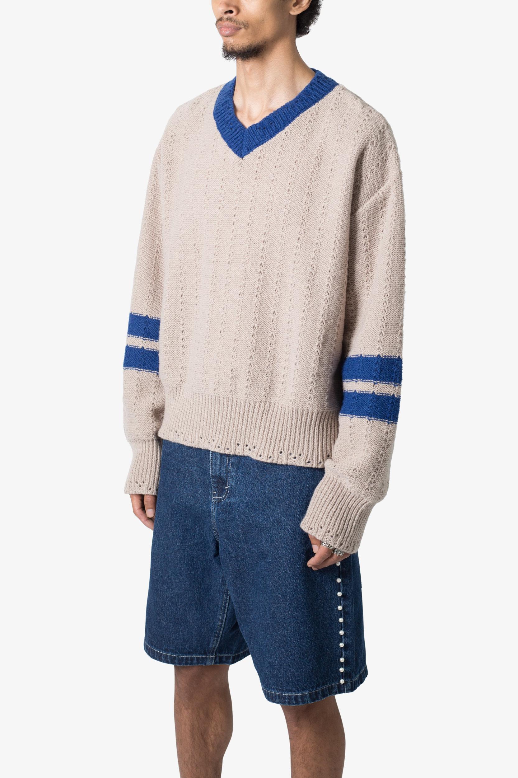 Varsity V Neck Sweater - Off White/Blue Product Image