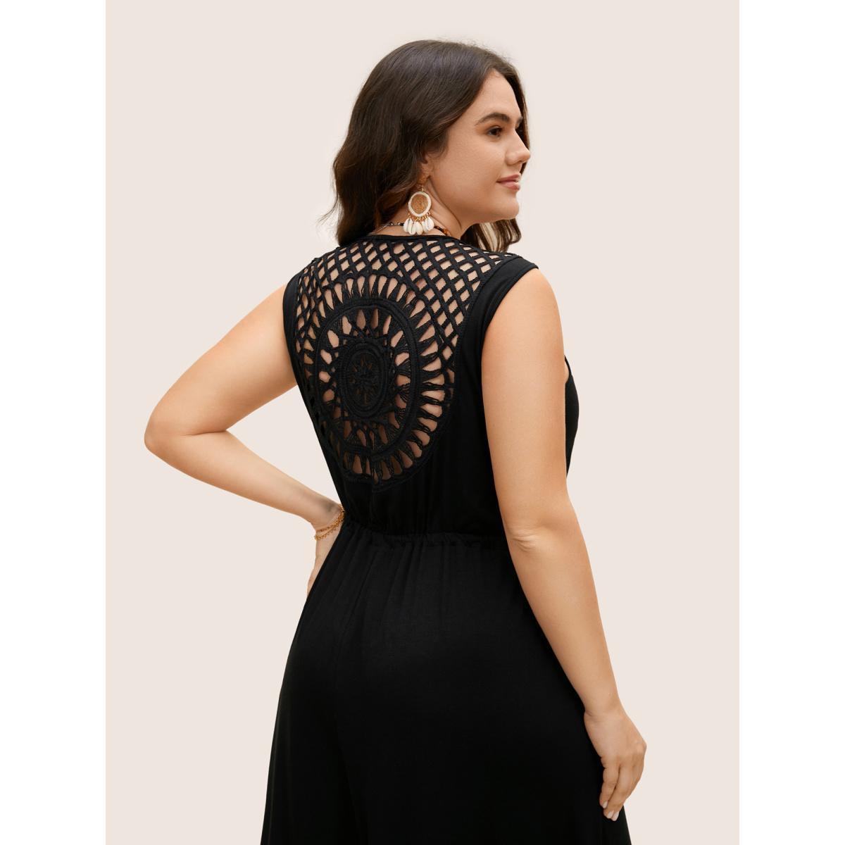 Plus Size Black V Neck Crocheted Cut Out Jumpsuit Women Resort Sleeveless V-neck Vacation Loose Jumpsuits BloomChic 28/5X Product Image