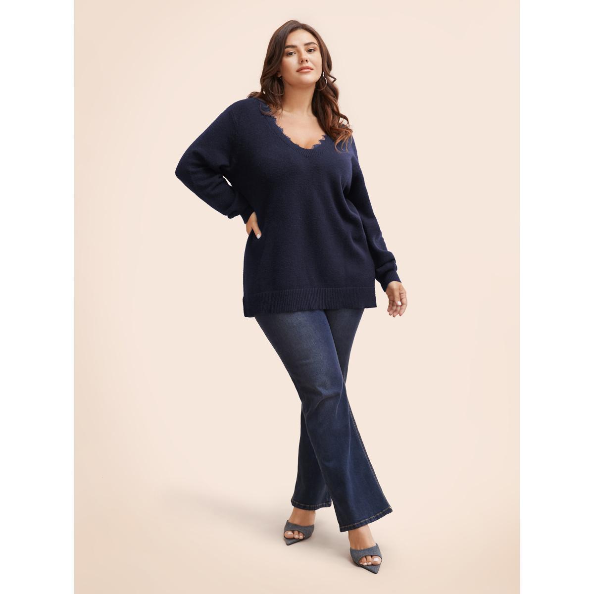 Plus Size V Neck Lace Patchwork Backless Pullover Indigo Women Elegant Long Sleeve V-neck Everyday Pullovers BloomChic 26/4X Product Image