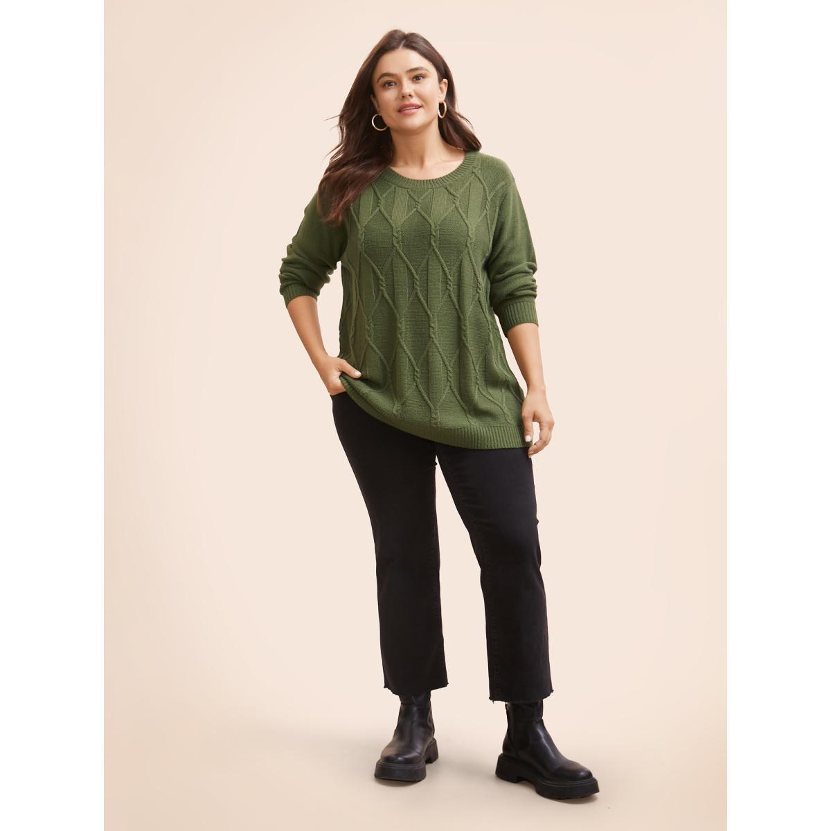Plus Size Plain Cable Knit Round Neck Pullover Moss Women Casual Long Sleeve Round Neck Everyday Pullovers BloomChic 14-16/1X Product Image