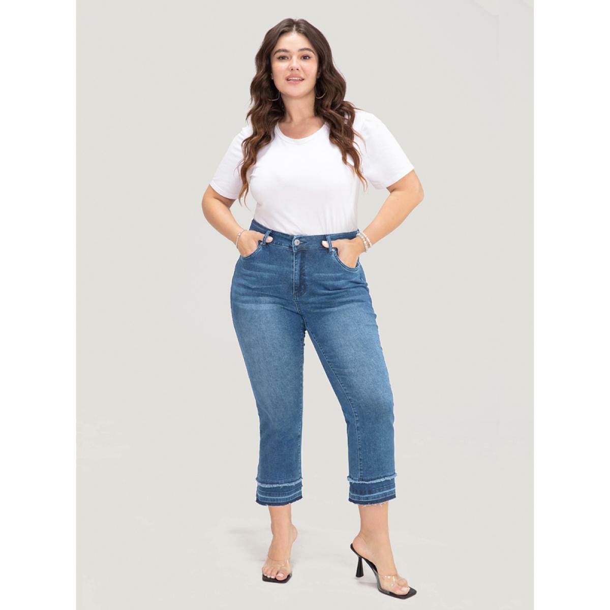 Plus Size Bootcut Very Stretchy High Rise Dark Wash Fringe Detail Jeans Women Blue Casual Plain High stretch Slanted pocket Jeans BloomChic 26/4X Product Image