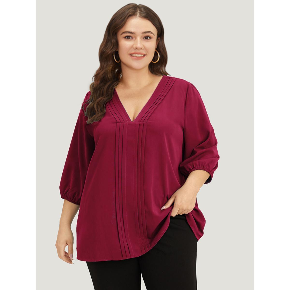 Plus Size Scarlet Plain Pleated Detail Elastic Cuffs V Neck Blouse Women Office Elbow-length sleeve V-neck Work Blouses BloomChic 28/5X Product Image