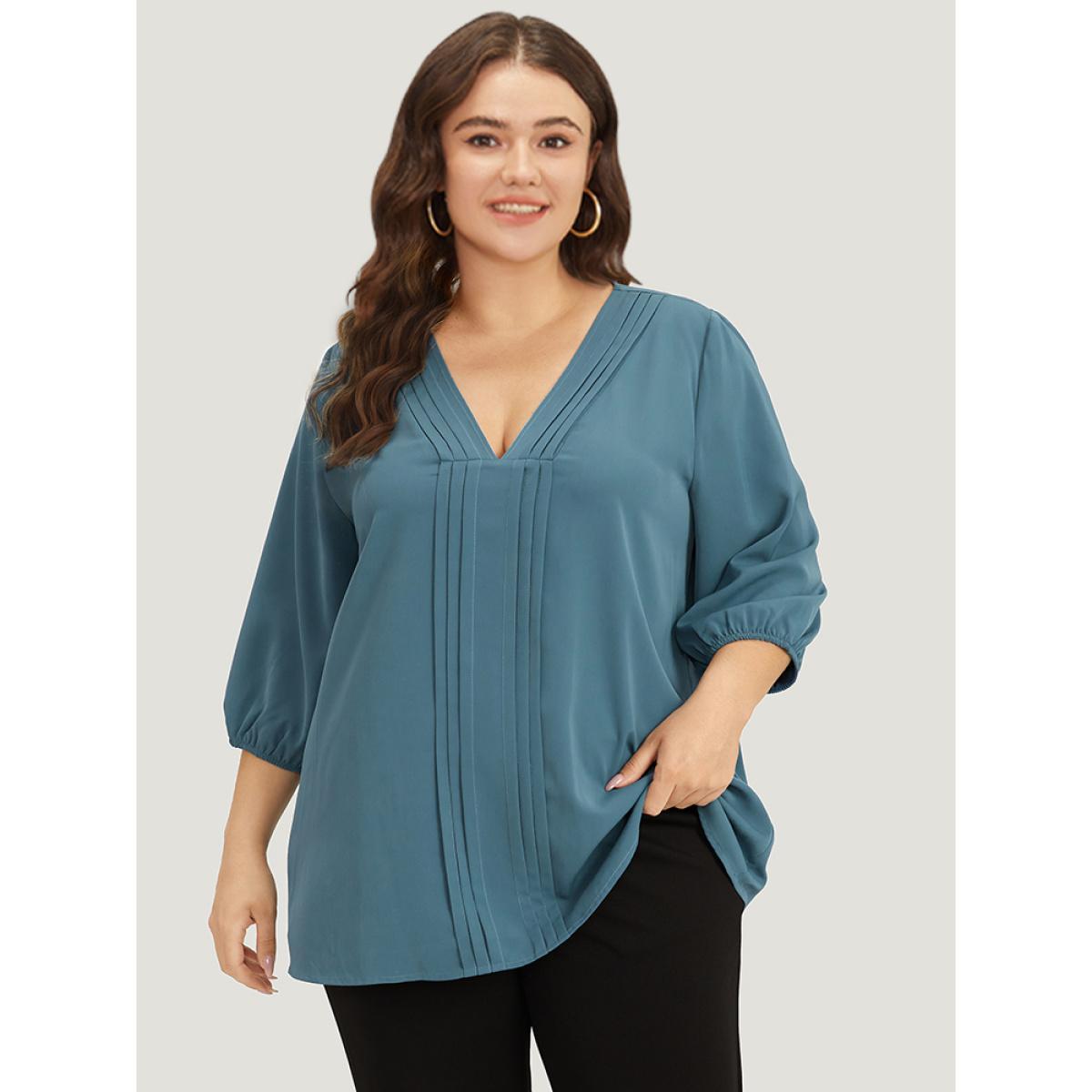 Plus Size Aegean Plain Pleated Detail Elastic Cuffs V Neck Blouse Women Office Elbow-length sleeve V-neck Work Blouses BloomChic 12/L Product Image