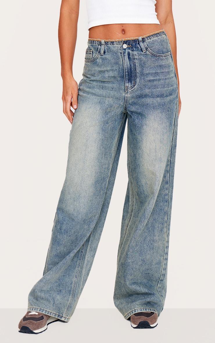 Tall Vintage Wash Raw Waist Mid Rise Wide Leg Jeans Product Image