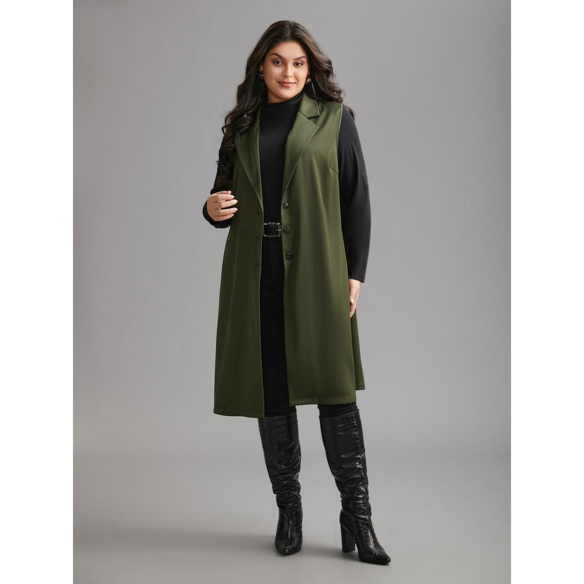 Plus Size Solid Lapel Collar Pockets Coat Women ArmyGreen Elegant Button Loose Ladies Everyday Winter Coats BloomChic 30/6X Product Image