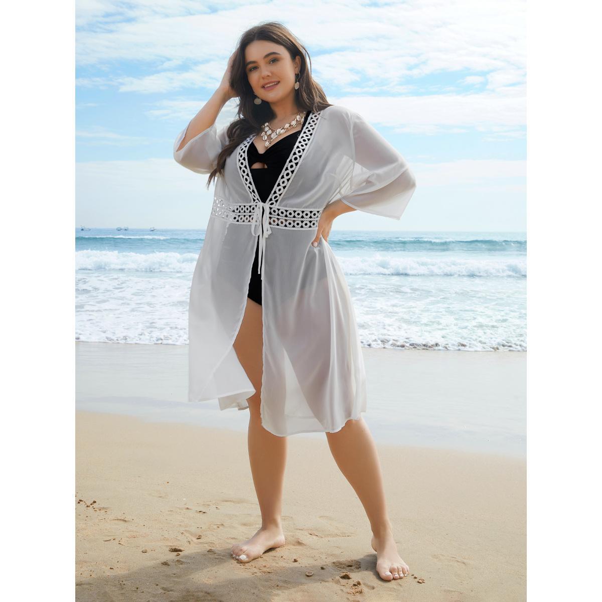 Plus Size Lace Patchwork Sheer Open-Front Kimono Women Originalwhite Elegant Woven ribbon&lace trim Everyday Kimonos BloomChic 10/M Product Image