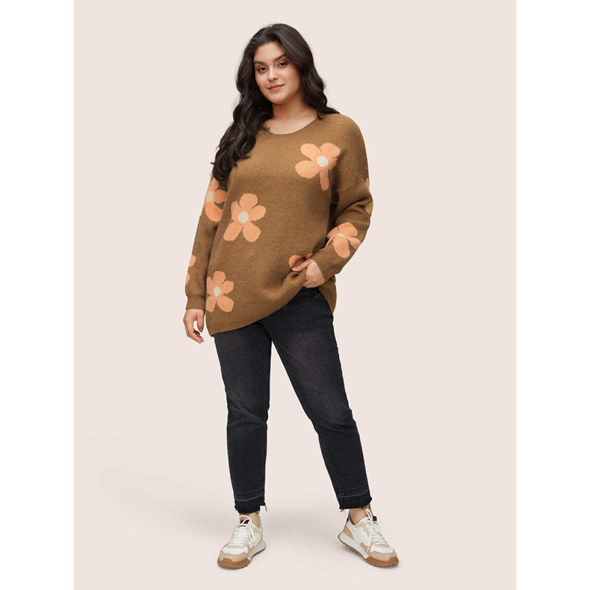 Plus Size Supersoft Essentials Drop Shoulder Floral Jacquard Pullover Chocolate Women Casual Loose Long Sleeve Round Neck Dailywear Pullovers BloomChic 26/4X Product Image
