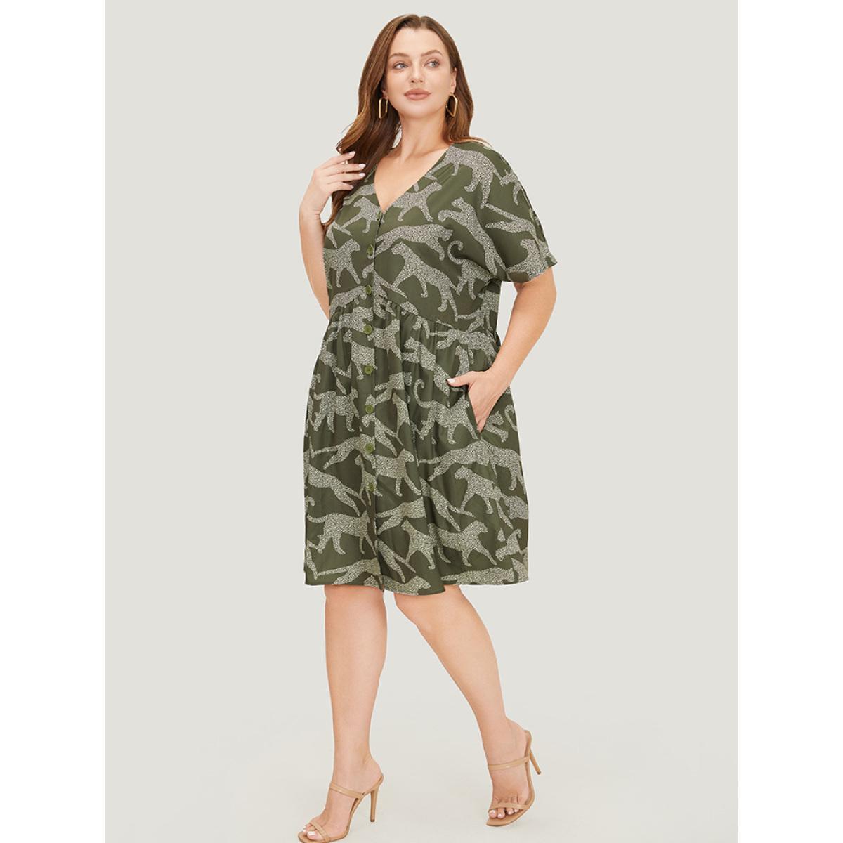 Plus Size Animal Print Batwing Sleeve Flutter Pocket Button Up Dress ArmyGreen Women Vacation Button V-neck Short sleeve Curvy Knee Dress BloomChic 30/6X Product Image
