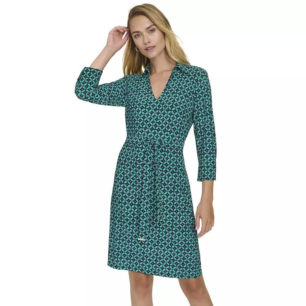 Women's Harper Rose Long Sleeve Collar Neck Tie Belt Dress, Size: 10, Green Geo Product Image