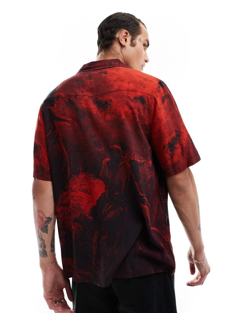 ASOS DESIGN relaxed revere shirt with halloween print in red  Product Image