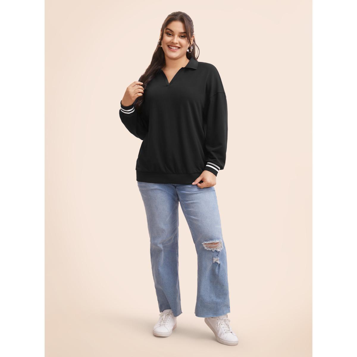 Plus Size Polo Neck Contrast Trim Drop Shoulder Sweatshirt Women Black Casual Contrast Polo Everyday Sweatshirts BloomChic 12/L Product Image
