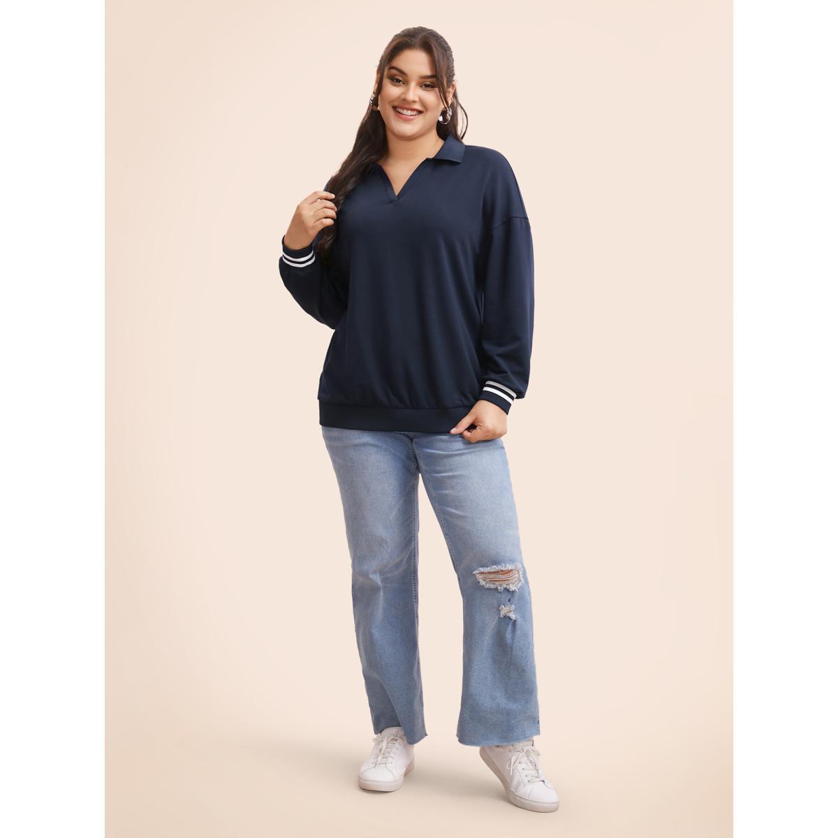 Plus Size Polo Neck Contrast Trim Drop Shoulder Sweatshirt Women Midnight Casual Contrast Polo Everyday Sweatshirts BloomChic 18-20/2X Product Image