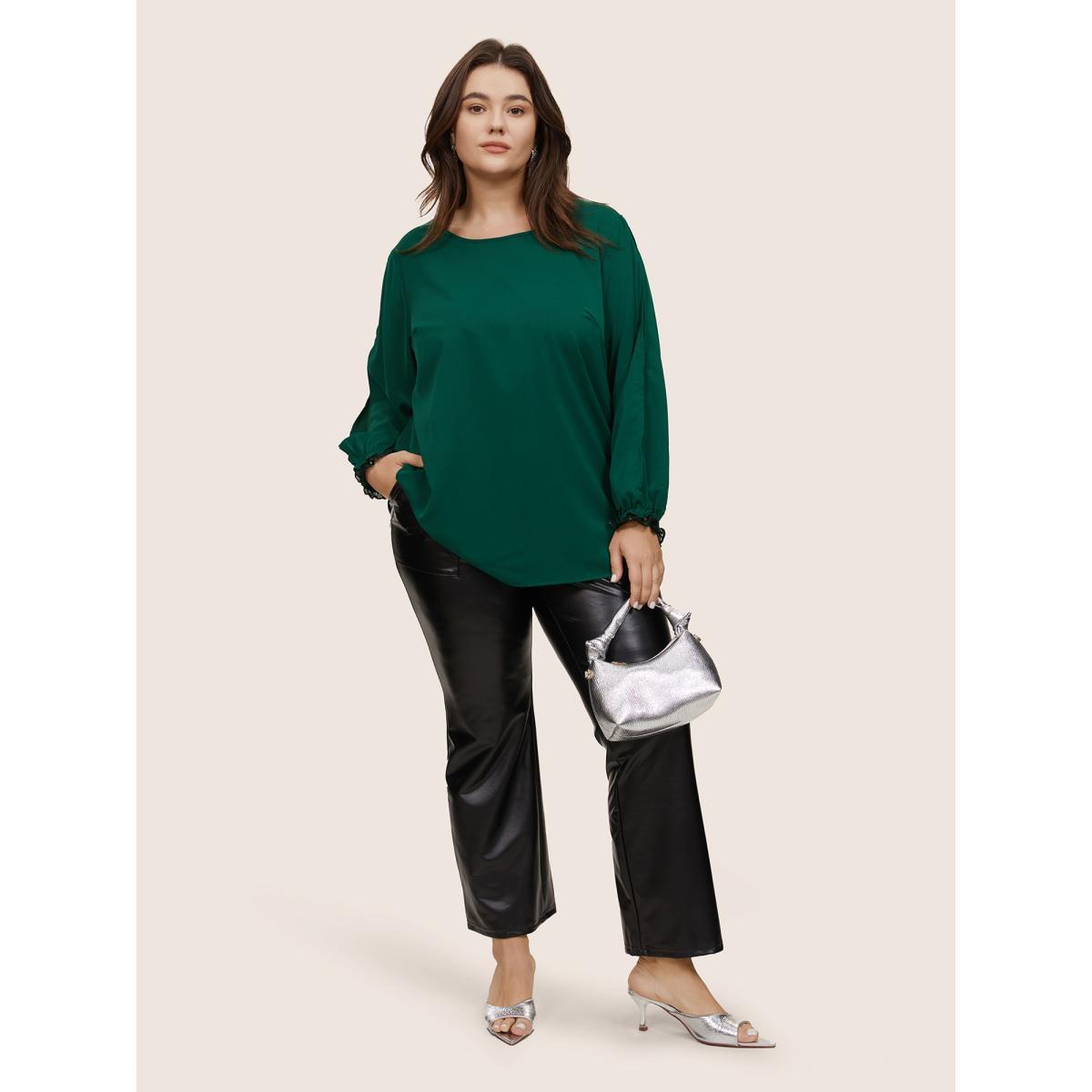 Plus Size DarkGreen Sequin Mesh Patchwork Lantern Sleeve Blouse Women Glamour Long Sleeve Round Neck Going out Blouses BloomChic 26/4X Product Image