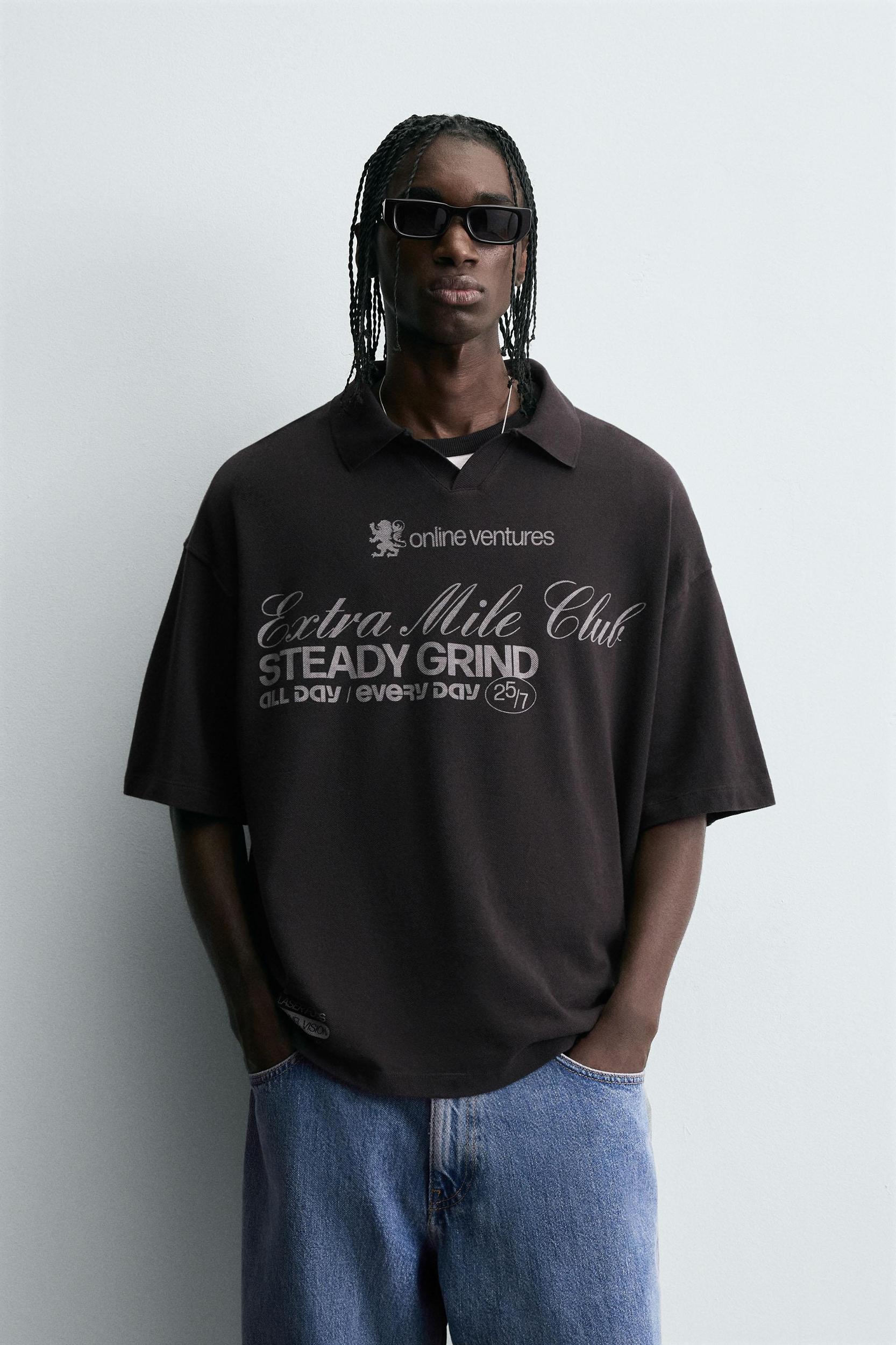 WASHED PRINT TEXT POLO SHIRT Product Image