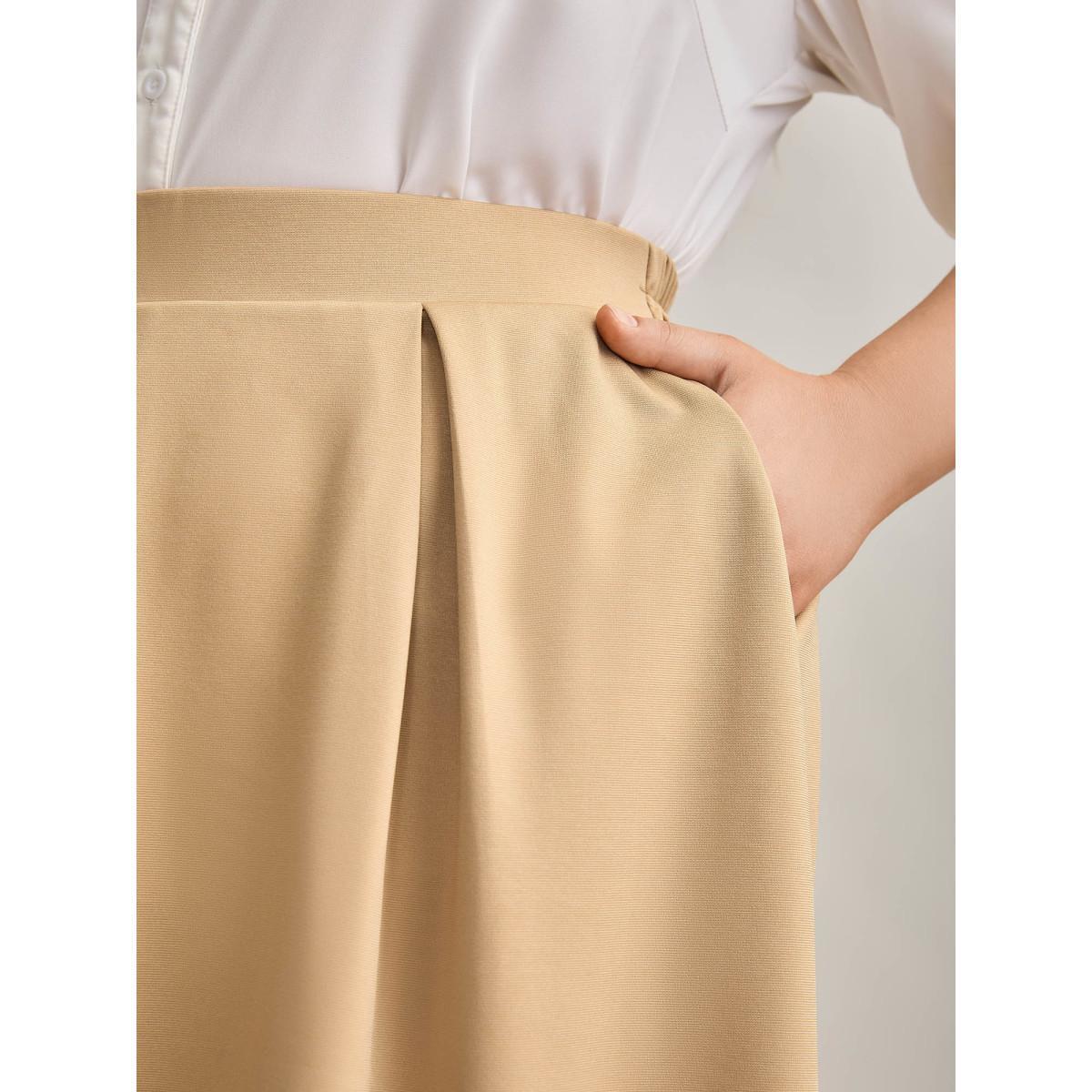 Plus Size Plain Stretchy Waist Pleated Midi Skirt Women Champagne At the Office Pleated Medium stretch Side seam pocket Work Skirts BloomChic 26/4X Product Image