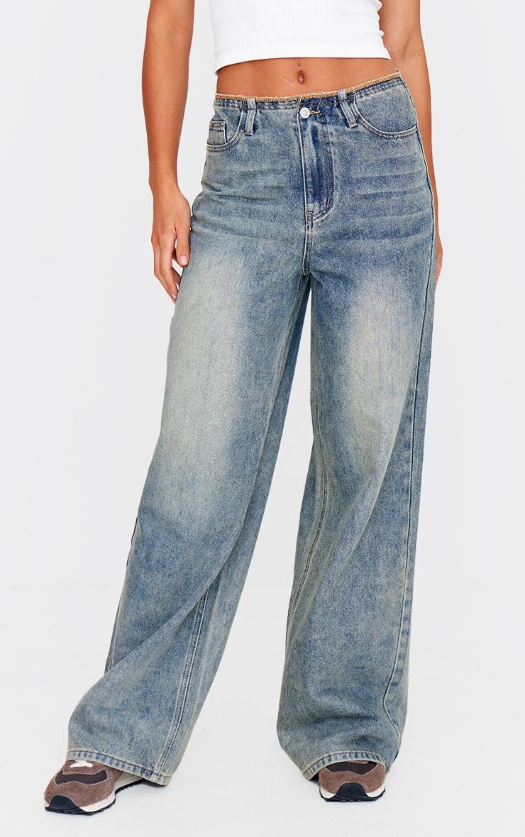 Tall Vintage Wash Raw Waist Mid Rise Wide Leg Jeans Product Image