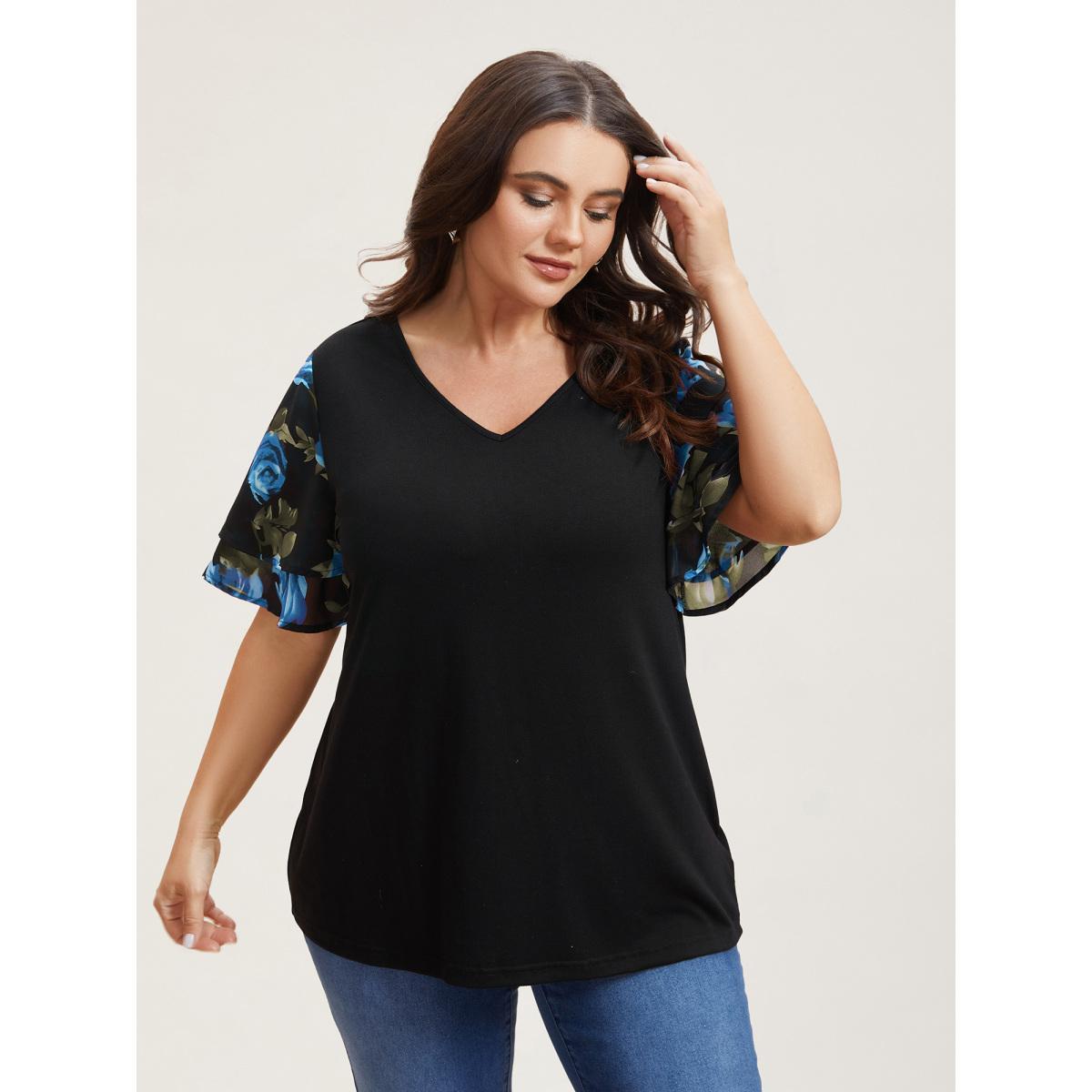 Plus Size Stretchy Floral Lotus Sleeve V-Neck T-Shirt Black Women Casual Contrast Round Neck Everyday T-shirts BloomChic 28/5X Product Image