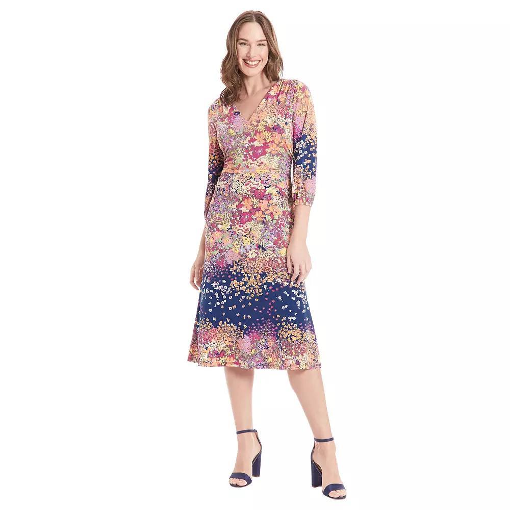Women's London Times V-Neck 3/4 Bishop Sleeve Cinched Midi Dress, Size: 14, Multi Floral Product Image