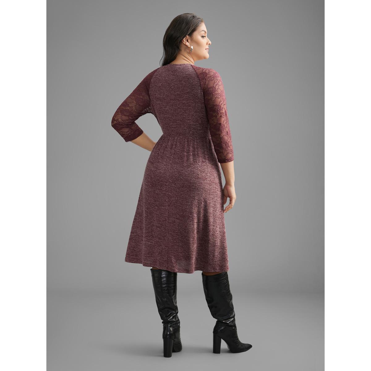 Plus Size Heather Lace Patchwork Mesh Midi Dress Burgundy Women Elegant Woven ribbon&lace trim Round Neck Elbow-length sleeve Curvy BloomChic 10/M Product Image