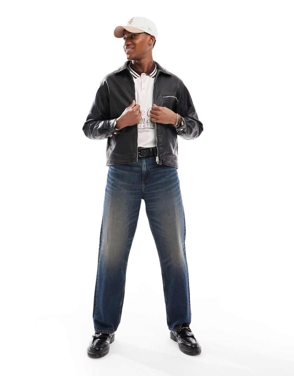 Pull&Bear faux leather washed jacket in black Product Image
