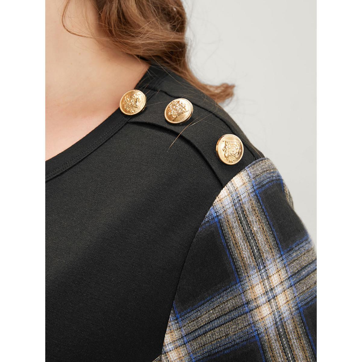 Plus Size Tartan Patchwork Button Detail Round Neck Sweatshirt Women Black Casual Contrast Round Neck Dailywear Sweatshirts BloomChic 22-24/3X Product Image