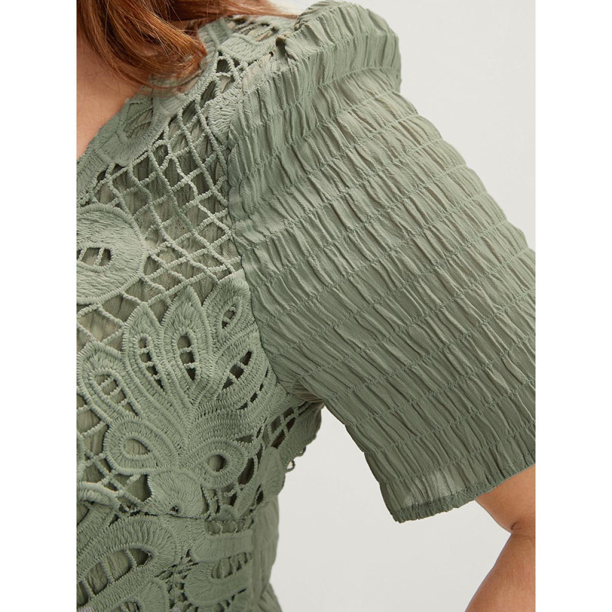 Plus Size Solid Square Neck Pocket Lace Ruffles Hem Dress Mint Women Elegant Elastic Waist Square Neck Short sleeve Curvy Midi Dress BloomChic 18-20/2X Product Image