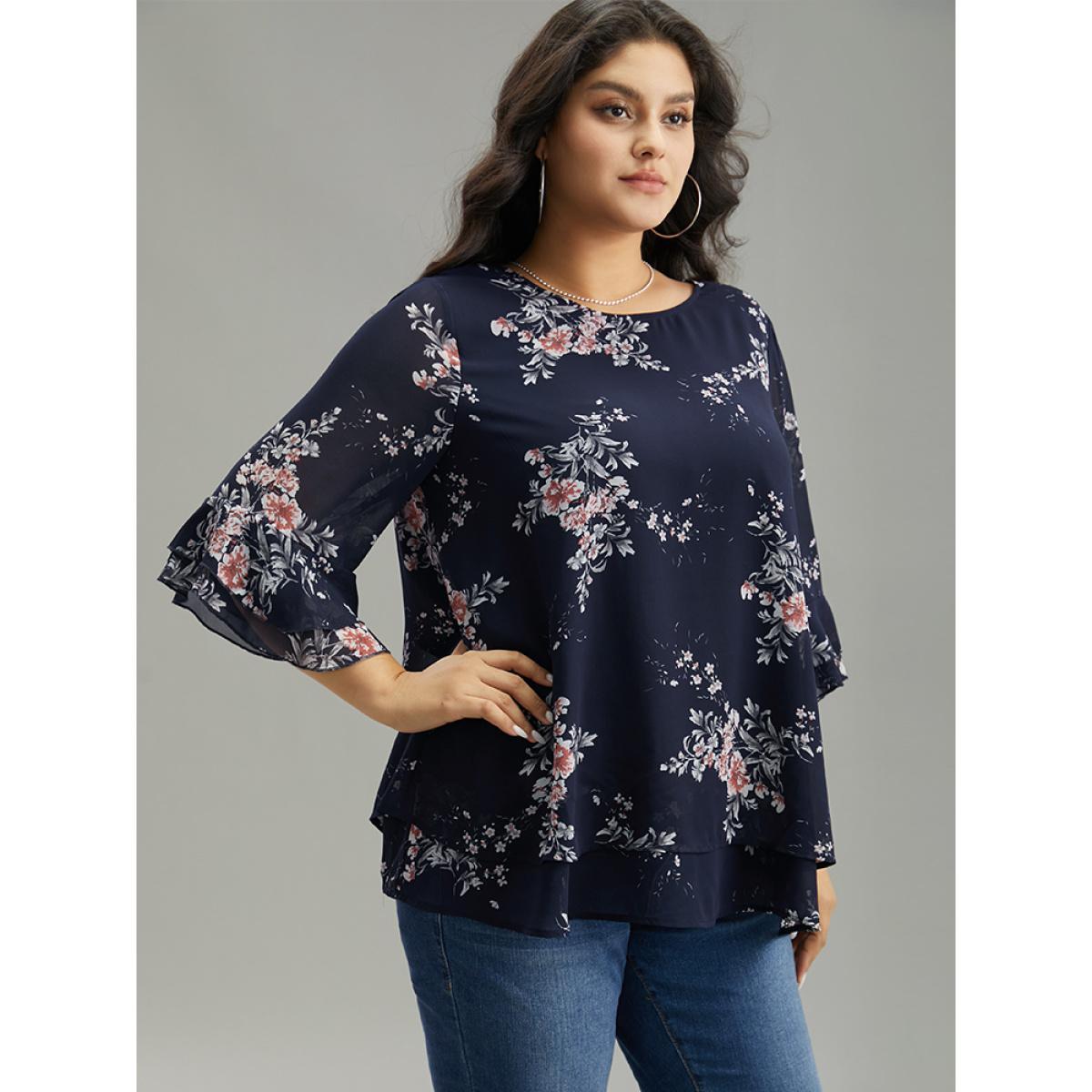 Plus Size Indigo Floral Chiffon Ruffle Sleeve Mesh Patchwork Blouse Women Elegant Elbow-length sleeve Round Neck Everyday Blouses BloomChic 22-24/3X Product Image