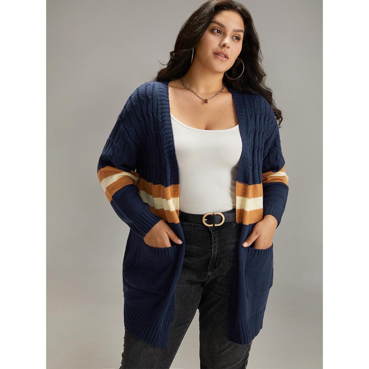 Plus Size Cable Knit Colorblock Contrast Open Front Cardigan Multicolor Women Casual Loose Long Sleeve Dailywear Cardigans BloomChic 14-16/1X Product Image