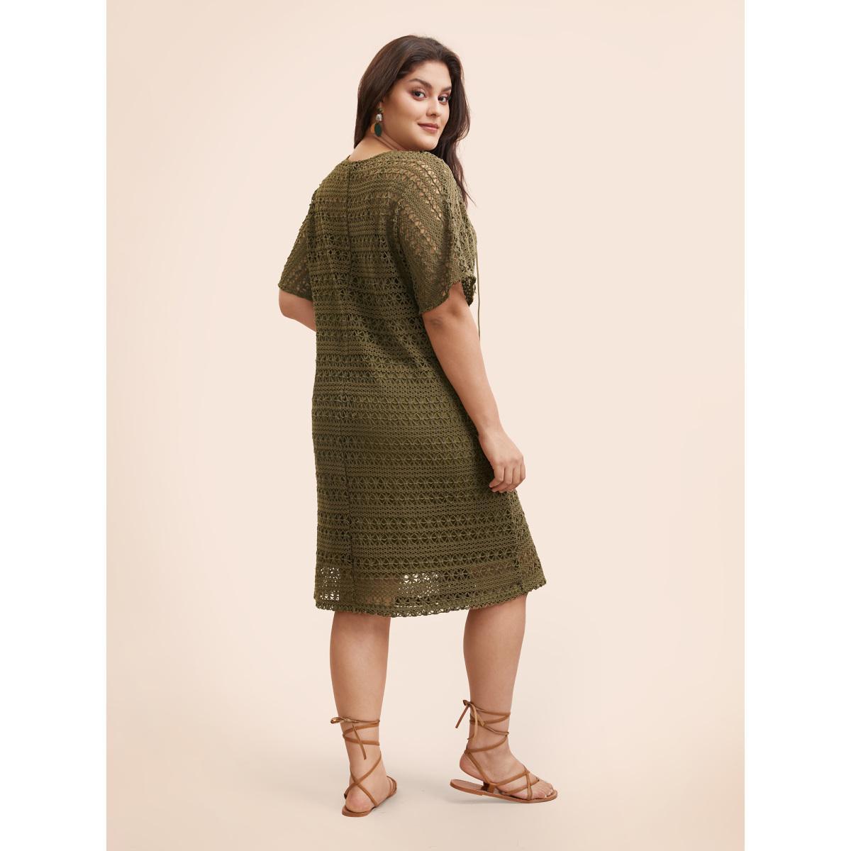 Plus Size Crocheted Lace Up Dolman Sleeve Tiered Dress ArmyGreen Women Casual Texture V-neck Half Sleeve Curvy BloomChic 18-20/2X Product Image