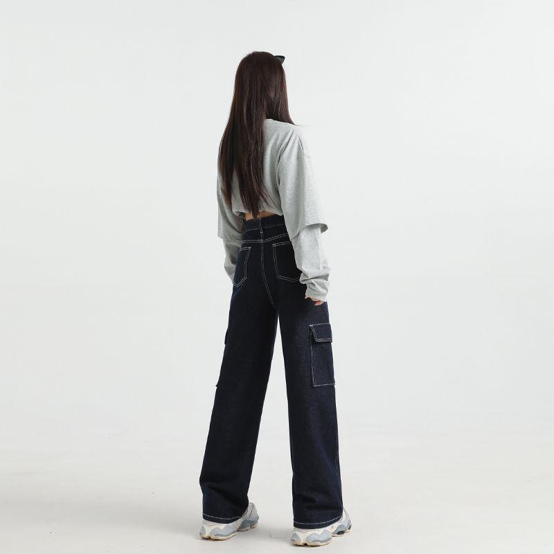 High Waist Unwashed Loose Fit Cargo Jeans Product Image