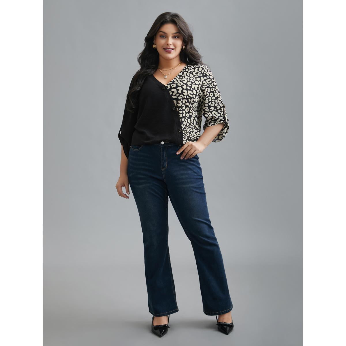 Plus Size Black Leopard Print Spliced Tab Sleeve Blouse Women Elegant Extra Long Sleeve V-neck Everyday Blouses BloomChic 28/5X Product Image