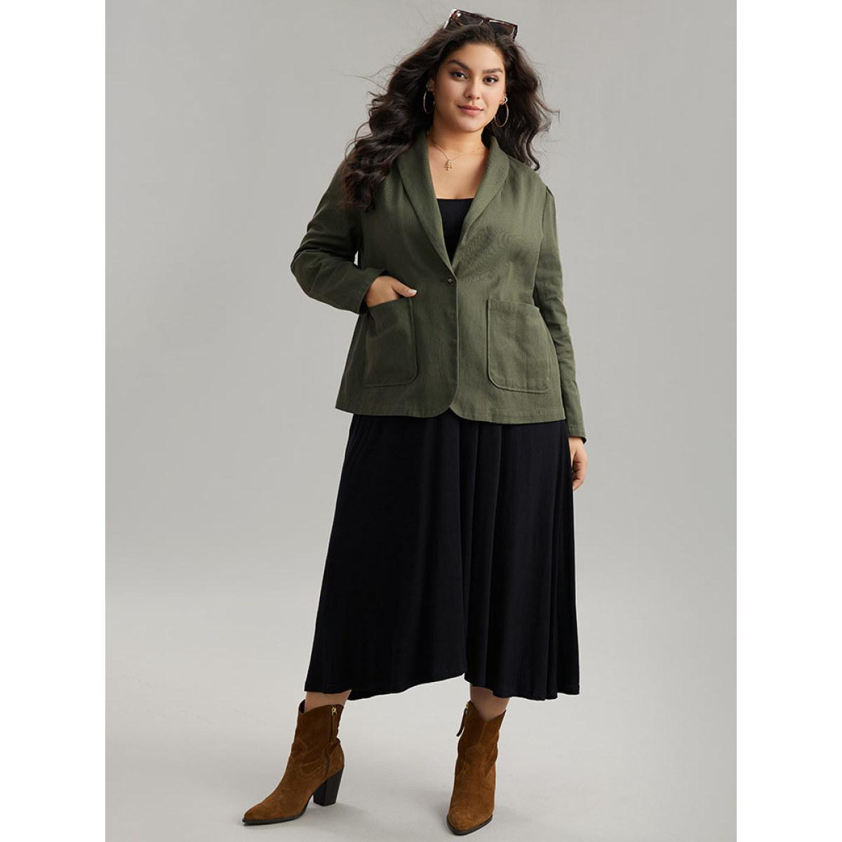 Plus Size Plisse Lapel Collar Patched Pocket Blazer ArmyGreen Women Dailywear Plain Plain Sleeve Long Sleeve Lapel Collar 30/6X Pocket Casual Blazers BloomChic Product Image