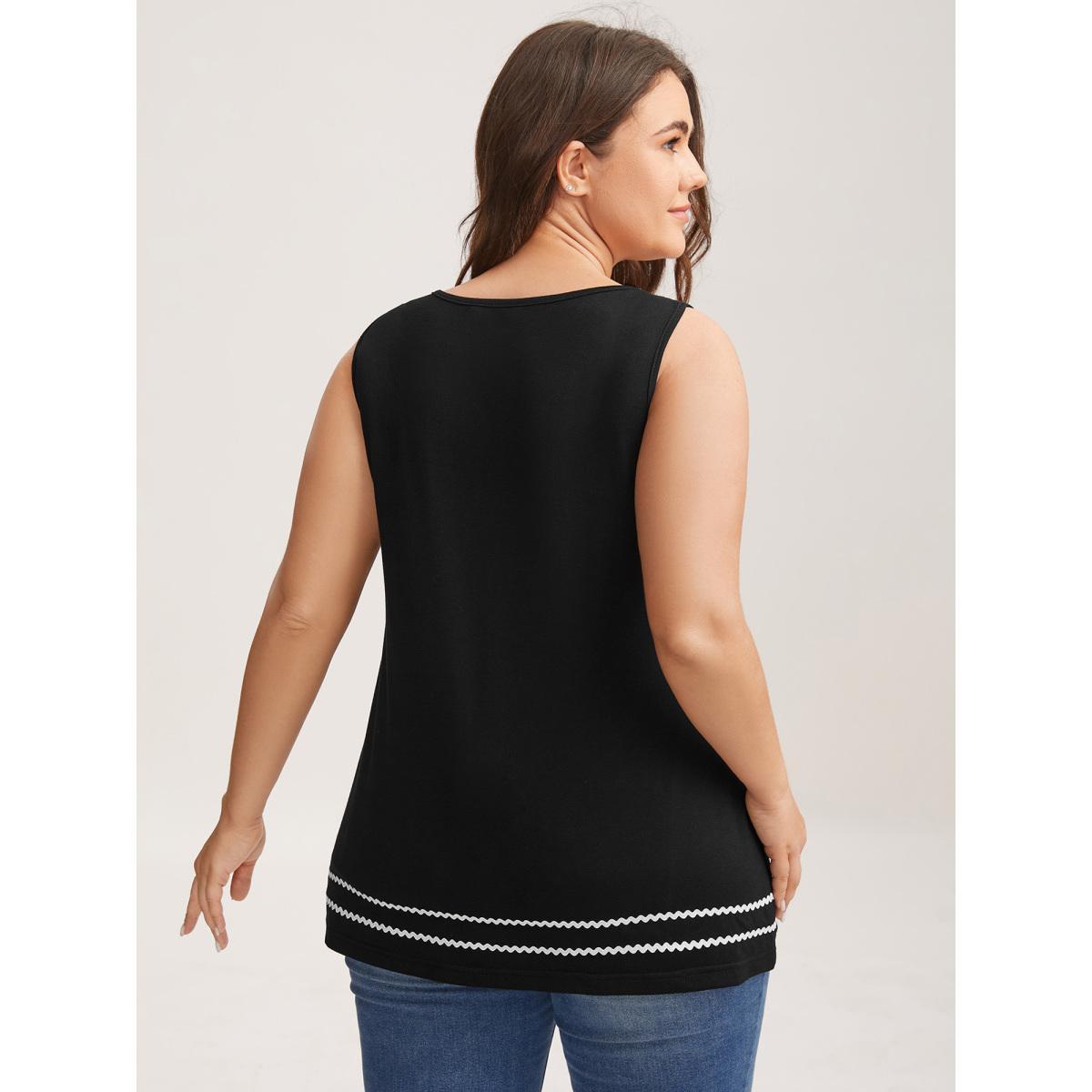 Plus Size Stretchy Webbed Split Neck Tank Top Women Black Woven ribbon&lace trim Notched collar Everyday-Casual Tank Tops Camis BloomChic 14-16/1X Product Image