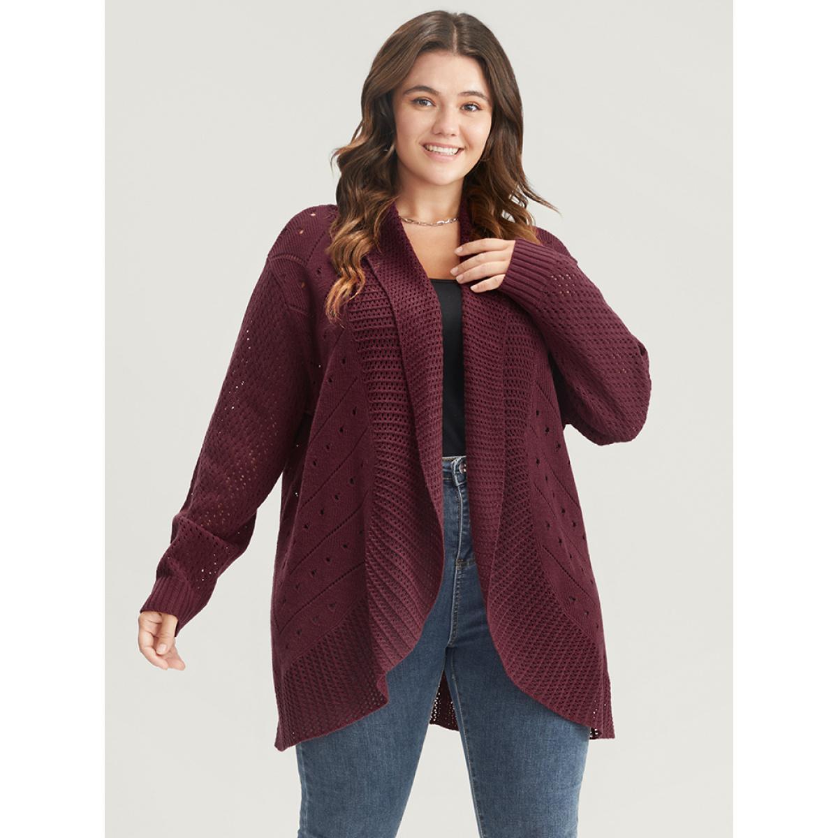 Plus Size Solid Pointelle Knit Lapel Collar Geometric Crochet Open Front Cardigan Burgundy Women Elegant Loose Long Sleeve Dailywear Cardigans BloomChic 18-20/2X Product Image