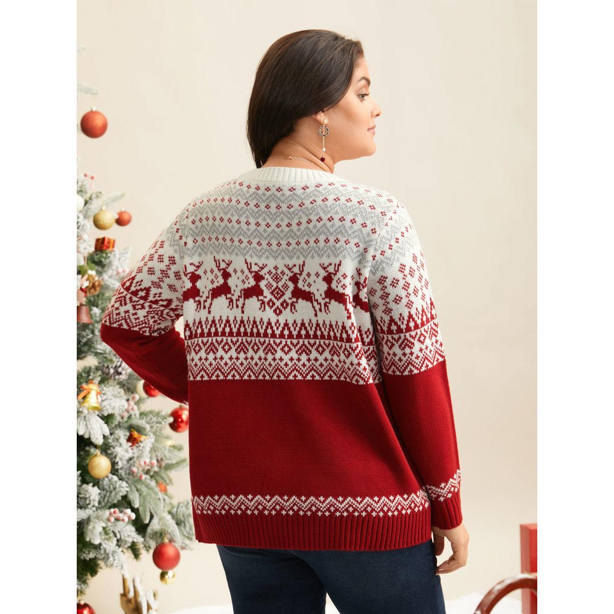 Plus Size Supersoft Essentials Reindeer Print Round Neck Pullover Scarlet Women Elegant Loose Long Sleeve Round Neck Everyday Pullovers BloomChic 22-24/3X Product Image