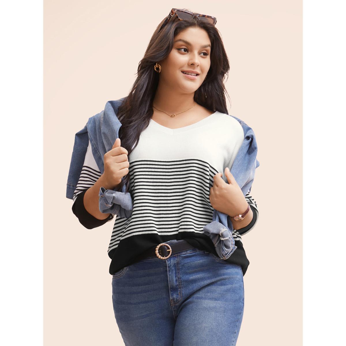 Plus Size Supersoft Essentials Striped Contrast Pullover Midnight Women Workwear Essentials Long Sleeve V-neck Work Pullovers BloomChic 14-16/1X Product Image