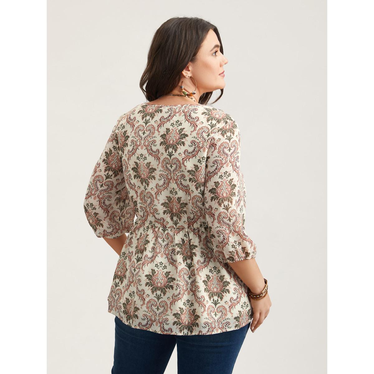 Plus Size Beige Ornate Print Stretchy Waist Lined Shirt Women Resort Elbow-length sleeve Deep V-neck Vacation Blouses BloomChic 10/M Product Image