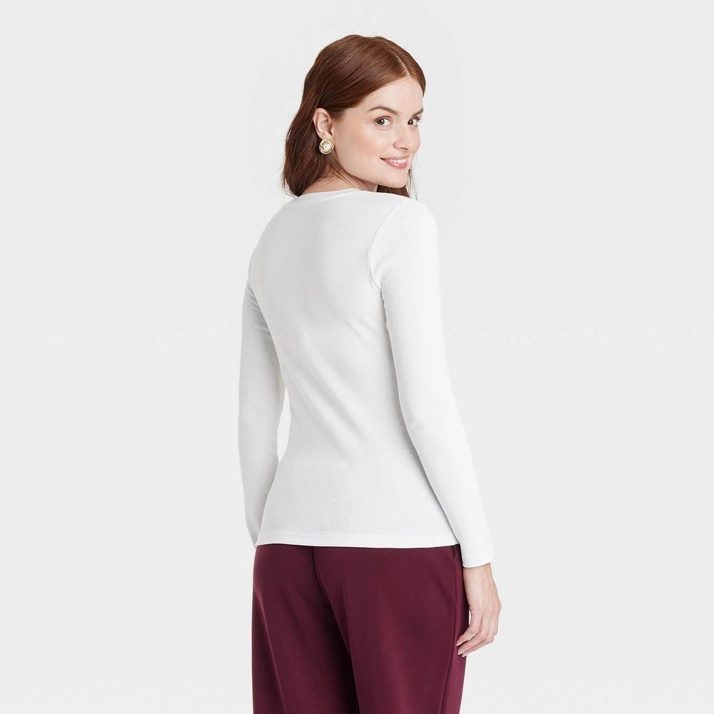 Womens Slim Fit Long Sleeve Ribbed T-Shirt - A New Day White L Product Image