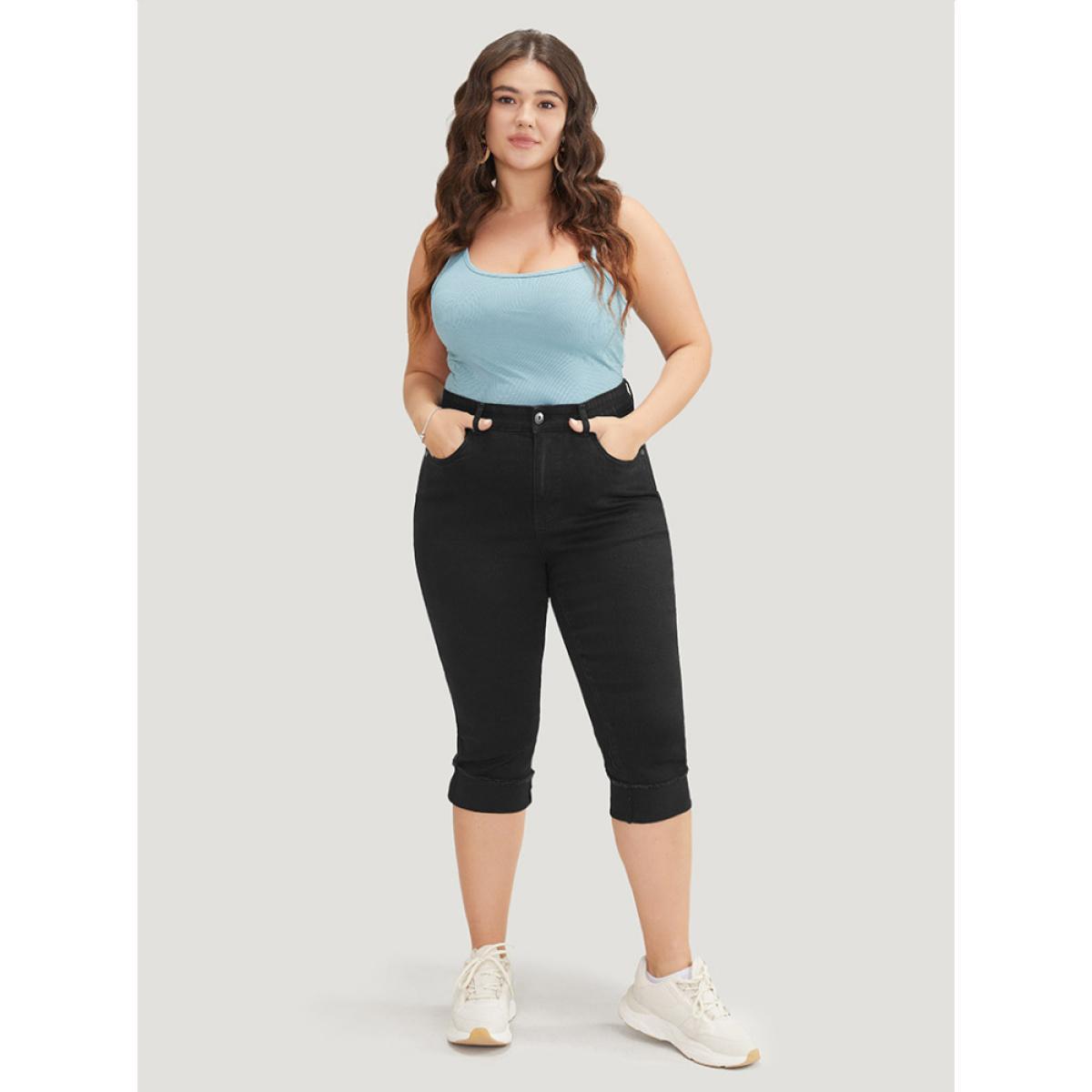 Plus Size Very Stretchy High Rise Black Wash Rivet Detail Knee Denim Shorts Women Black Casual Plain High stretch Pocket Jeans BloomChic 16/1X Product Image