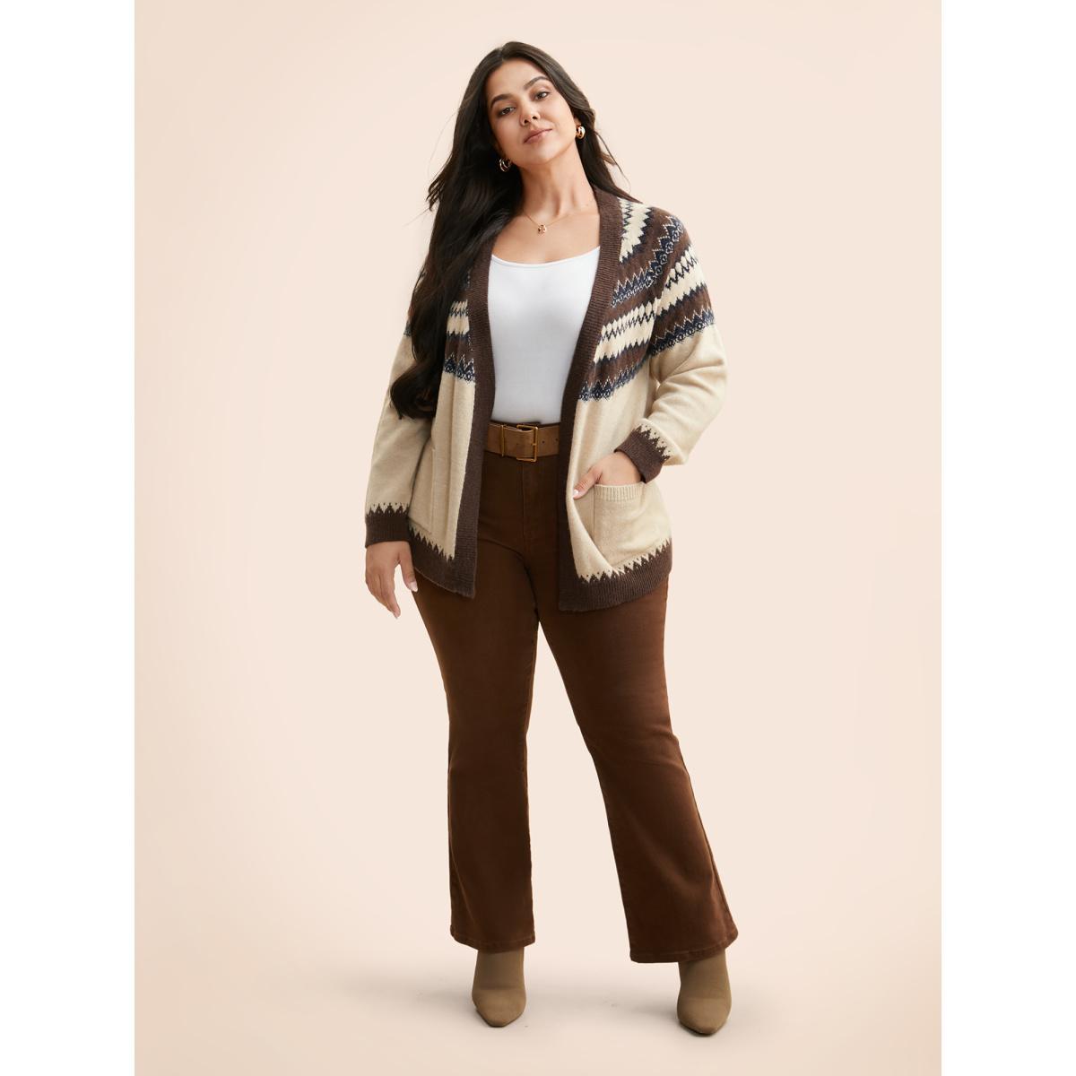 Plus Size Supersoft Essentials Bandana Jacquard Pocket Cardigan DarkBrown Women Casual Loose Long Sleeve Everyday Cardigans BloomChic 30/6X Product Image