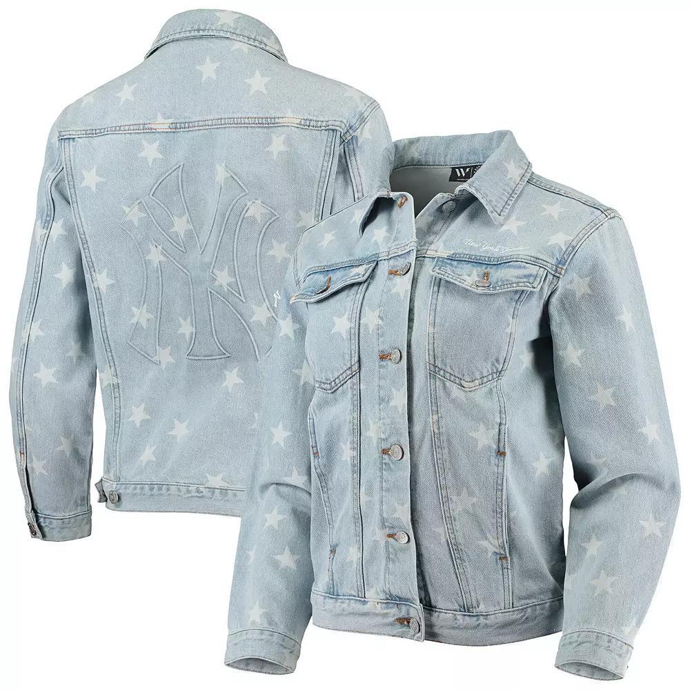 Women's The Wild Collective New York Yankees Allover Print Button-Up Denim Jacket, Size: XL, Turquoise A Product Image